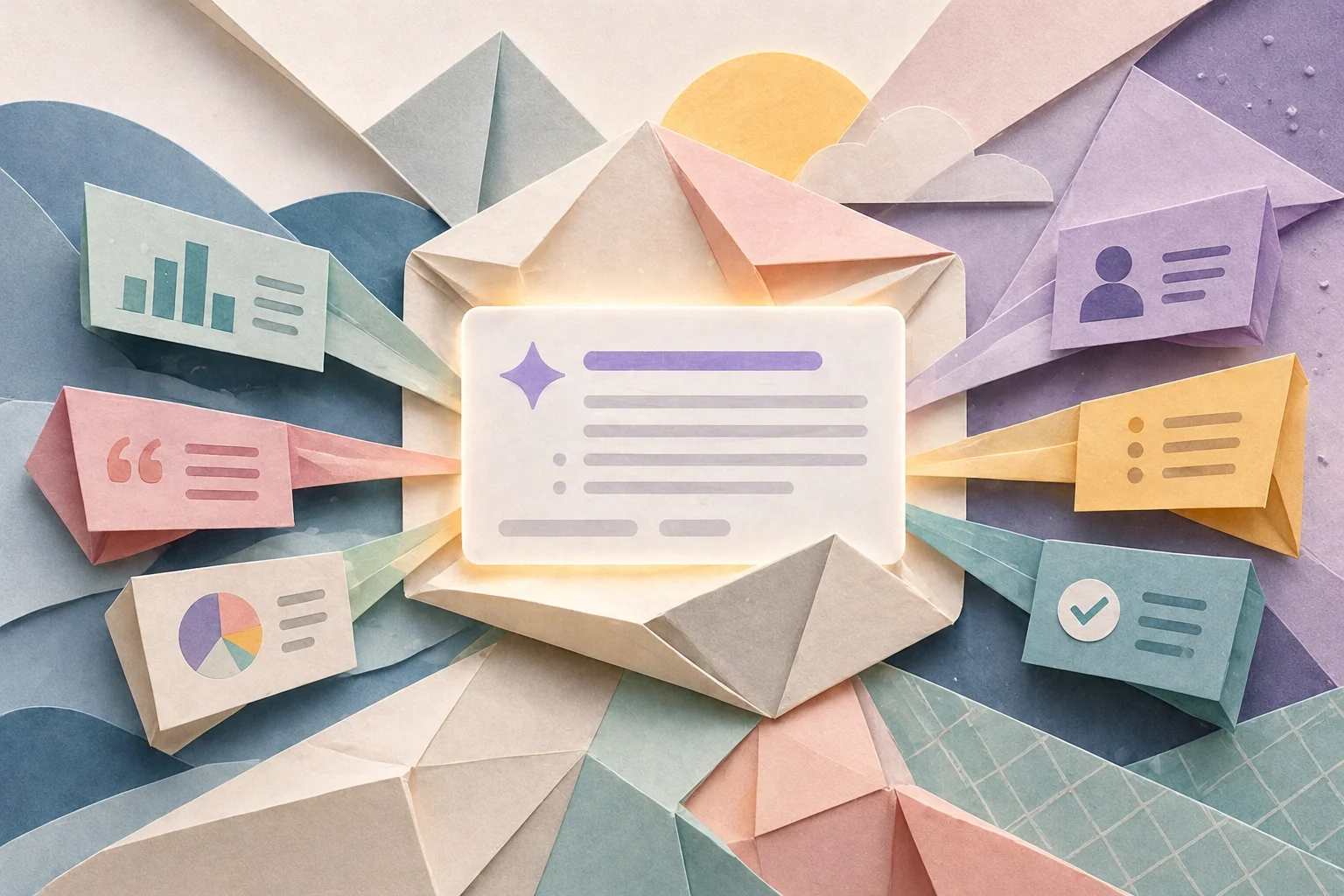 A conceptual, paper-craft style illustration featuring a central, glowing white card representing an AI overview, surrounded by several smaller, colored paper cards connected by light beams, each depicting different data elements like bar charts, quotes, user profiles, checklists, and checkmarks.