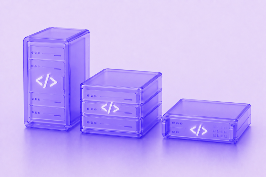 Three translucent purple server infrastructures of different sizes and configurations, each running the same codebase, representing architecture-agnostic enterprise AI deployment.