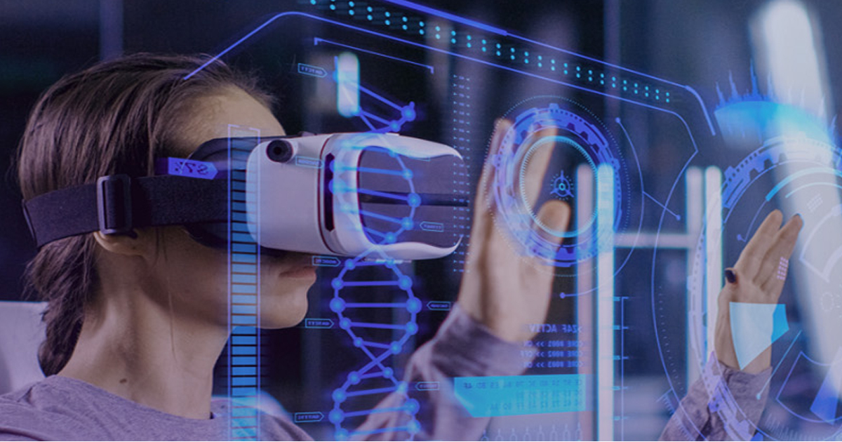 Woman wearing a VR headset interacting with floating holographic panels and a DNA helix, representing the next ten years of innovation.