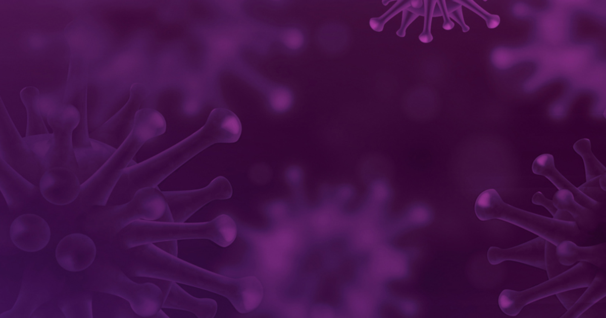 Purple-toned microscopic view of floating virus particles, representing the backdrop of 2020 computing trends.