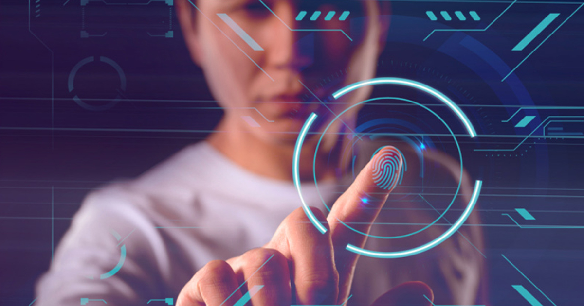 Woman touching a glowing circular holographic interface with her fingertip, representing technology shaping the post-COVID world.