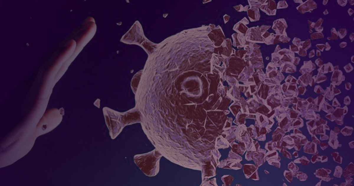3D rendering of a coronavirus particle breaking apart into fragments, representing higher education disrupted by COVID-19.