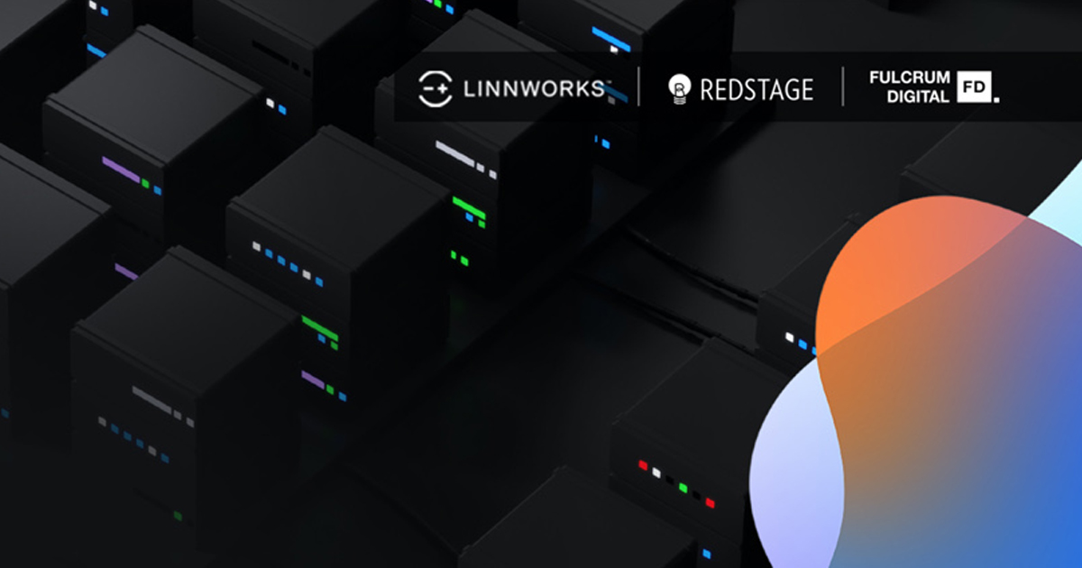 Dark 3D grid of black boxes with the Linnworks, Redstage, and Fulcrum Digital logos, representing a total commerce partnership.