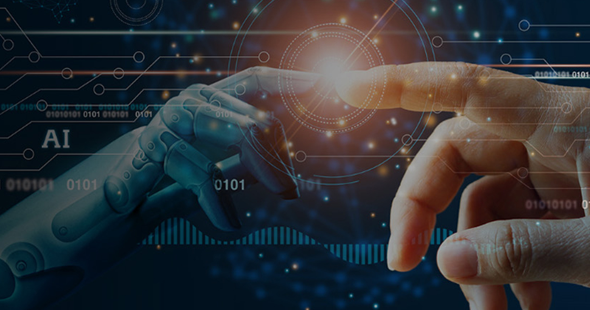 Human finger reaching toward a robotic finger amid glowing AI circuitry, representing AI/ML-powered data extraction.