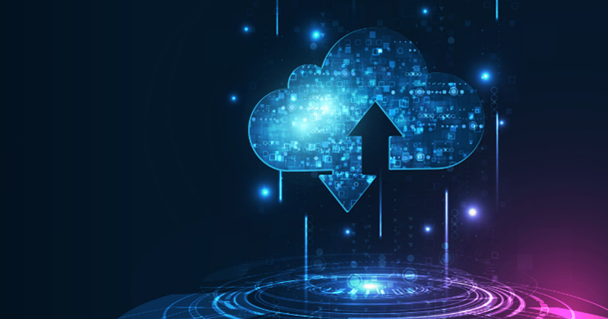 Glowing cloud icon with an upload arrow hovering over a futuristic platform, representing stress-free cloud infrastructure support.