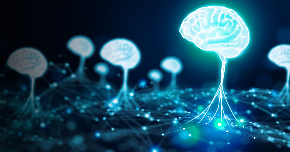Glowing brain-shaped trees sprouting from a neural network landscape, representing neural network language models.