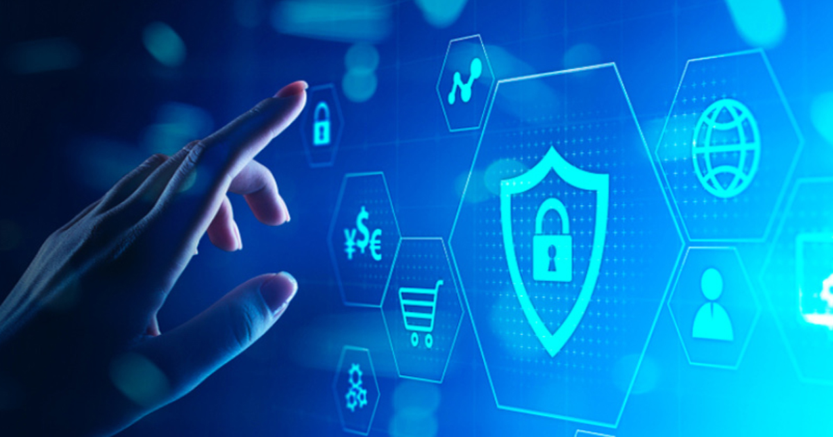Finger touching a glowing shield-and-padlock icon among hexagonal fintech icons, representing digital capabilities for insurers.
