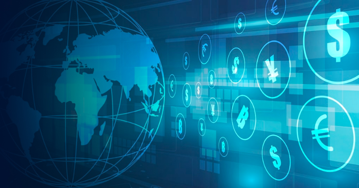Digital world map with glowing currency symbols and network connections, representing the SWIFT platform accelerating global payments.