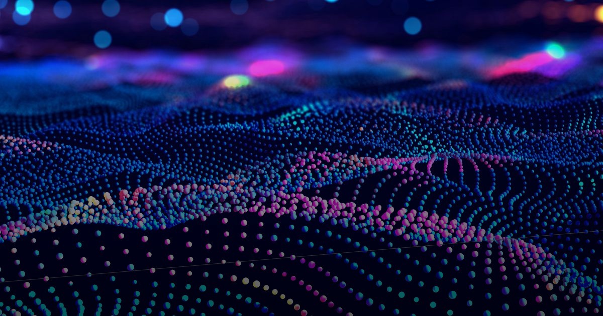 Undulating landscape of glowing data points in blues and purples, representing the flood of unstructured insurance data.