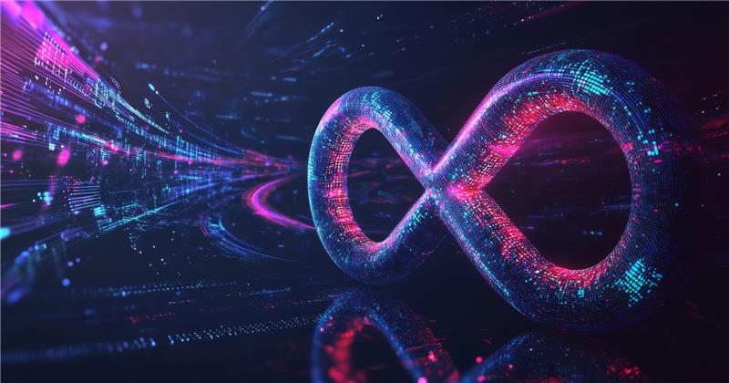 Glowing neon infinity loop made of particle streams in pink and blue, representing the continuous DevOps cycle powered by AI.