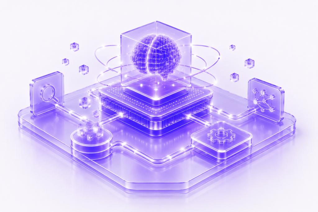 Translucent purple AI brain positioned at the center of a connected enterprise intelligence architecture, representing reasoning, decision-making, and cognitive processing capabilities.