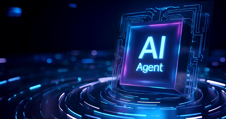 Glowing holographic cube labeled 'AI agent' hovering above a futuristic circular platform, representing intent-driven customer experience.