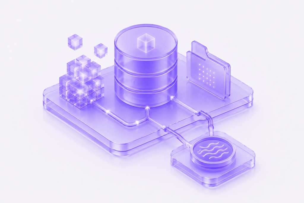 Translucent purple 3D data infrastructure featuring a central database connected to structured data assets, representing the foundational layer for enterprise AI systems.