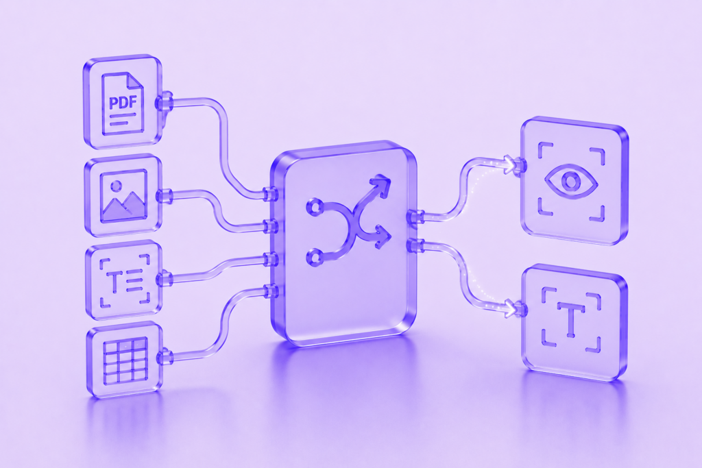 Translucent purple document processing architecture that automatically routes PDFs, images, tables, and text content through specialized visual language model and OCR workflows.