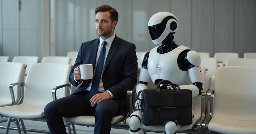 Businessman with a coffee cup sitting in a waiting room next to a white humanoid robot holding a briefcase, representing agentic AI joining the org chart.