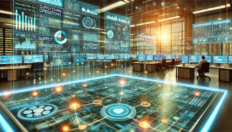Futuristic control room with a glowing interactive table and wall screens of dashboards, representing enterprises depending on intelligence systems in 2026.