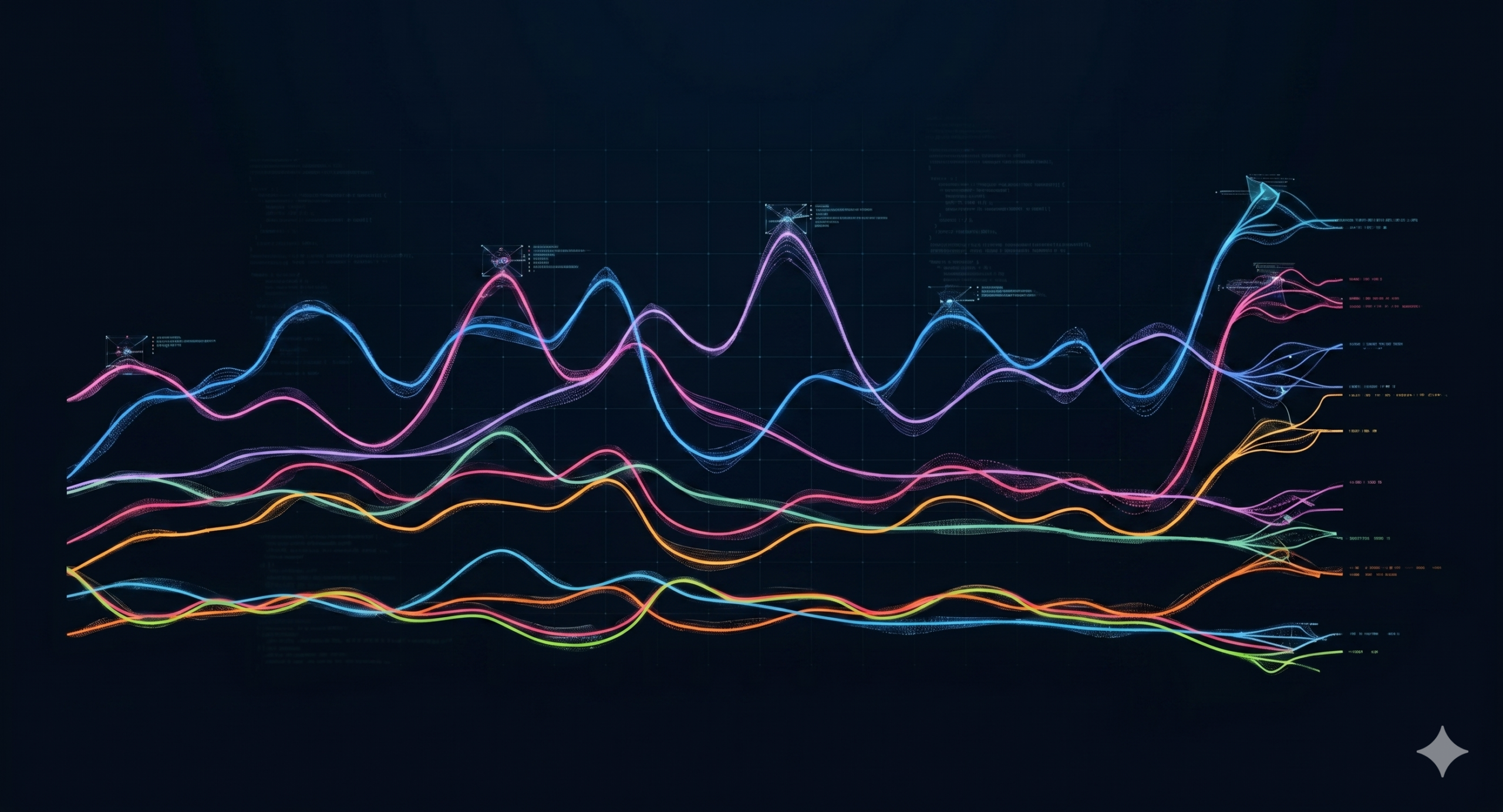 Dark analytics chart with overlapping colorful line graphs tracking citation trends across multiple AI models.