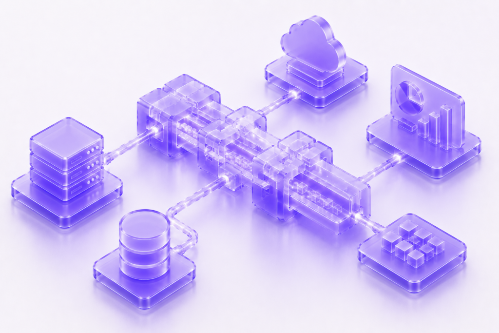 Translucent purple integration architecture connecting databases, cloud services, analytics platforms, and enterprise applications through a centralized integration engine.