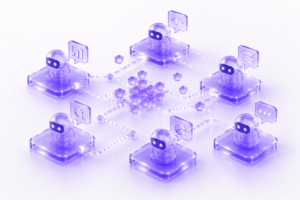 Network of interconnected AI agents collaborating across a shared intelligence framework, representing autonomous coordination, task distribution, and enterprise-scale agent orchestration.