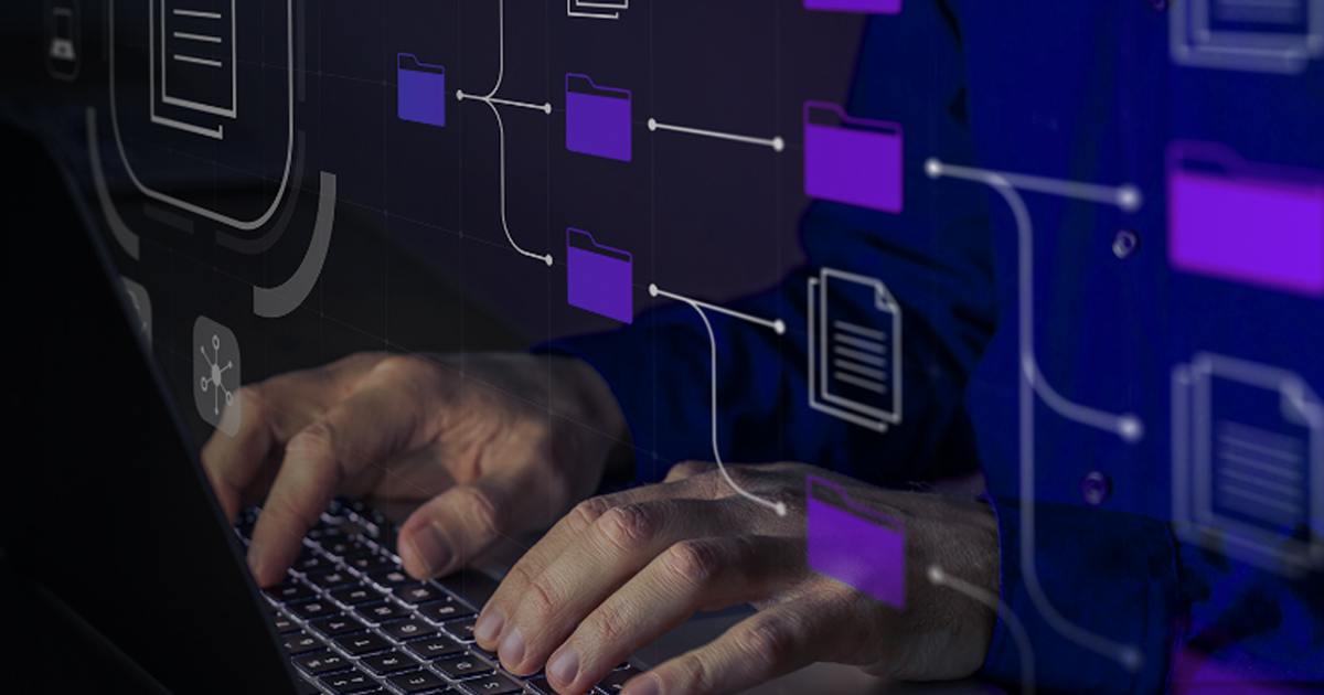 Hands typing on a laptop with a glowing document workflow diagram.