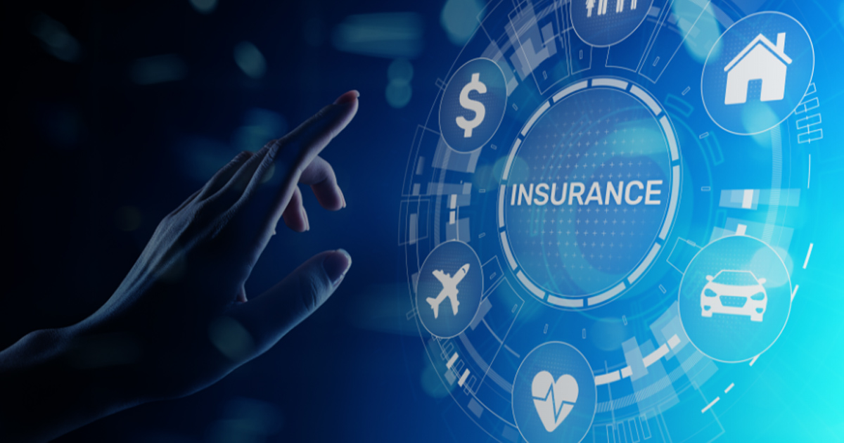 Finger touching a digital insurance interface with protection icons.