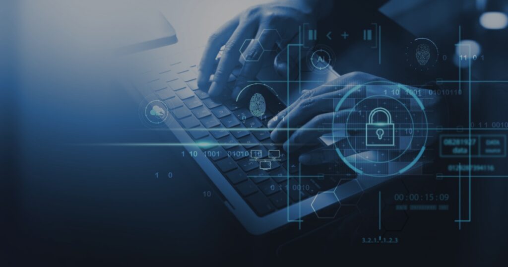 Hands typing on a laptop with a floating padlock security icon.