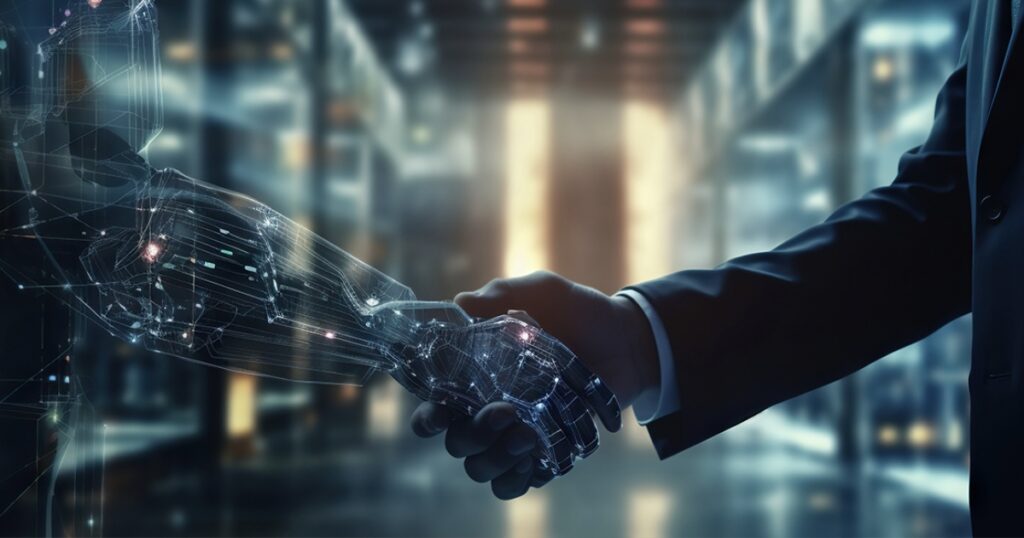 Human hand shaking a translucent digital hand.