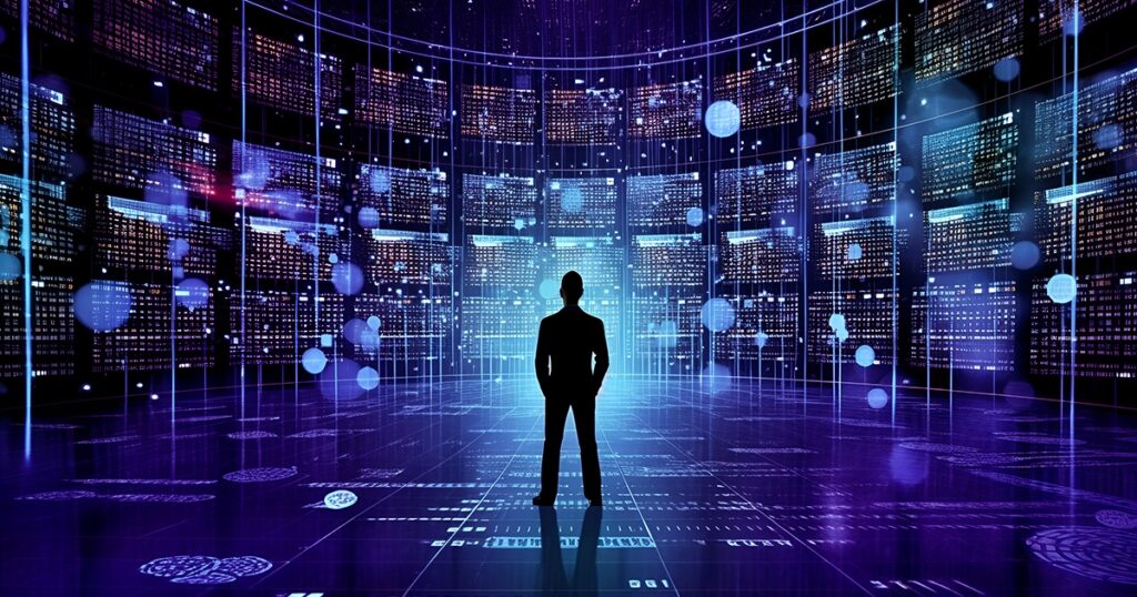 Silhouette standing before a curved wall of glowing data screens.