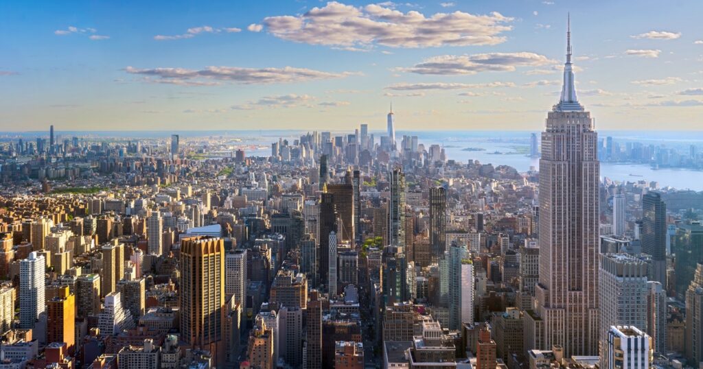 Aerial view of the Manhattan skyline with the Empire State Building.