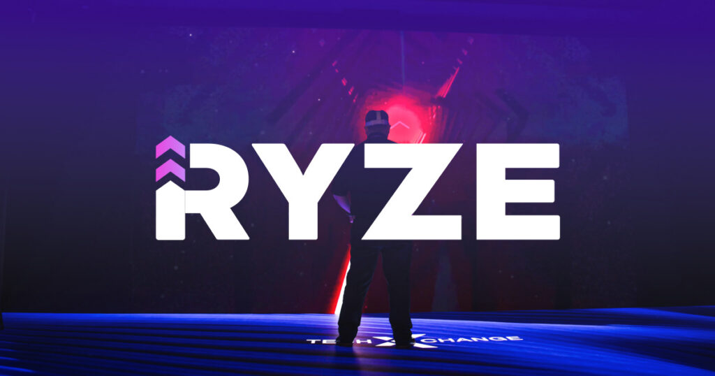 Ryze logo on a dark stage with a silhouetted figure.