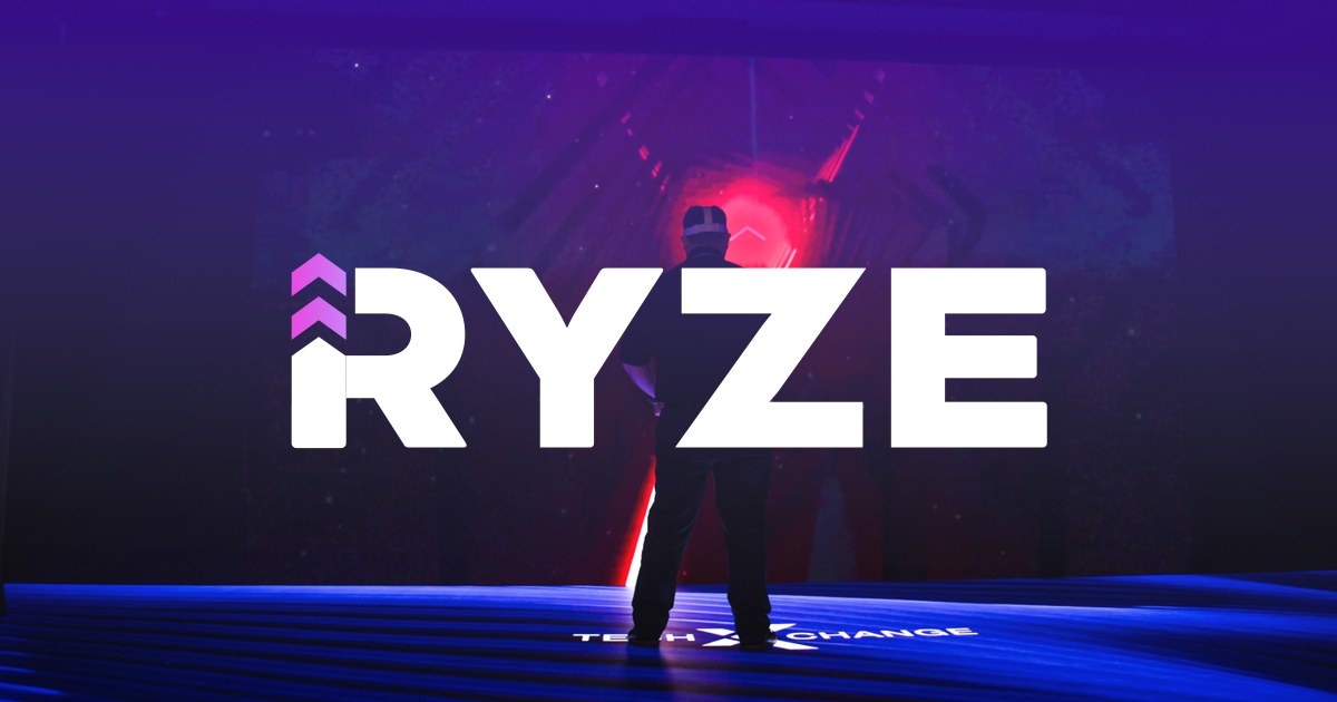Ryze logo on a dark stage with a silhouetted figure.