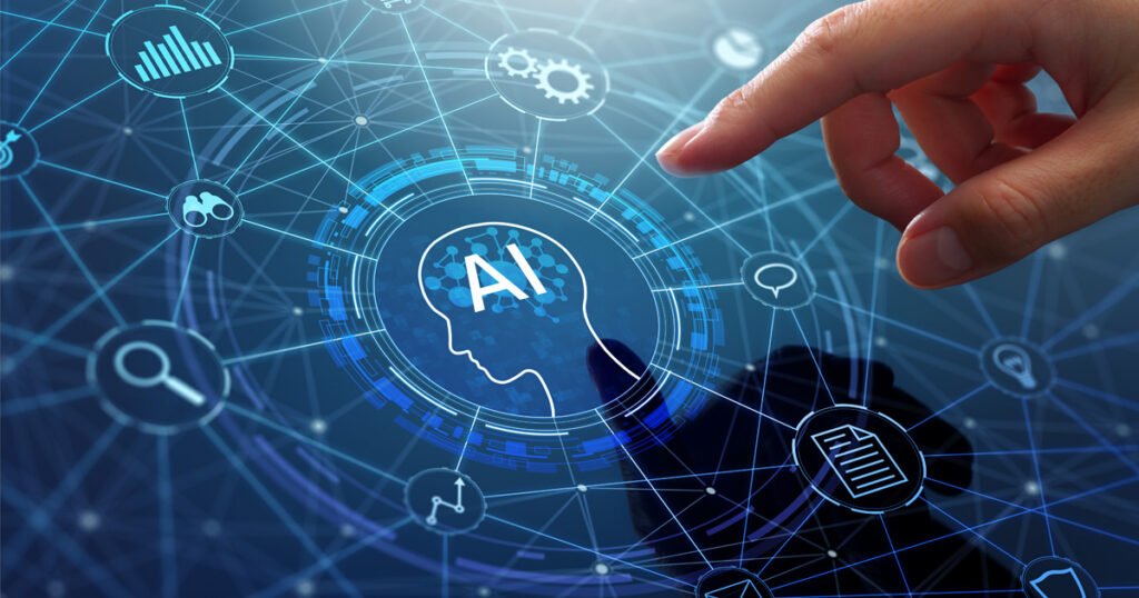 Hand pointing at a glowing AI head icon connected to a digital network.