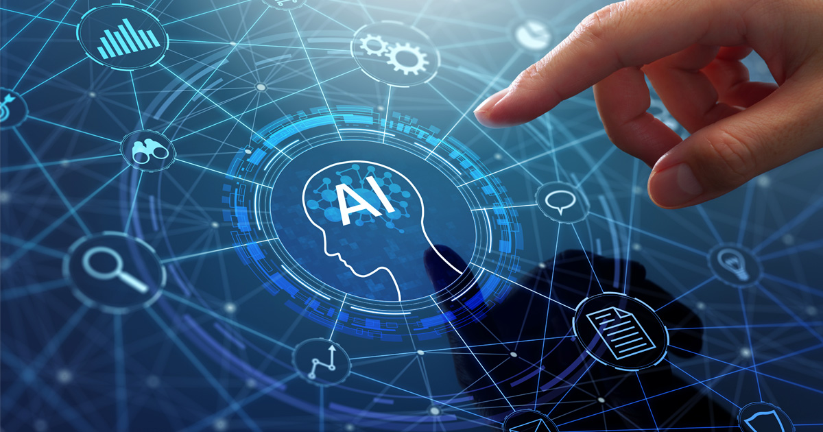 Hand pointing at a glowing AI head icon connected to a digital network.