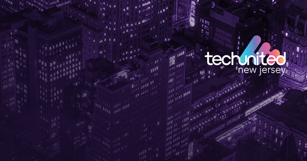 TechUnited New Jersey logo over a dark aerial city view.