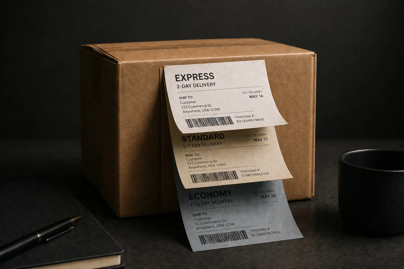 A brown cardboard shipping box on a dark surface with three stacked, overlapping shipping labels—Express, Standard, and Economy—each detailing delivery times, customer destination, and tracking numbers, positioned next to a notebook, pen, and black mug.