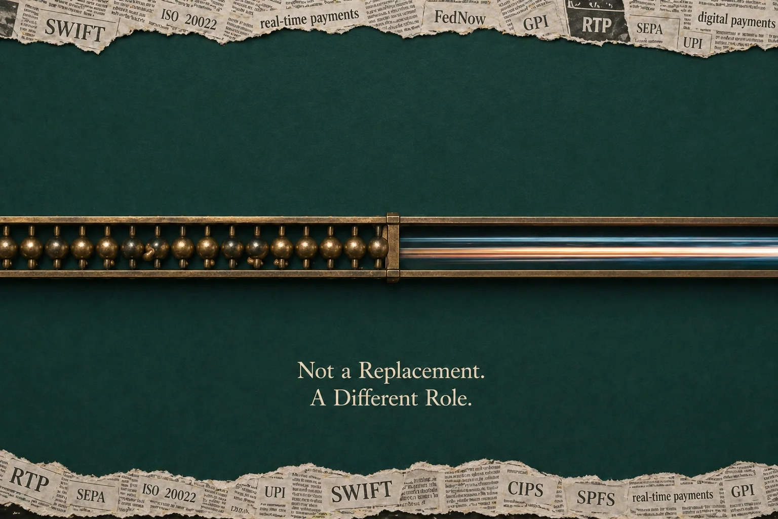 A conceptual illustration featuring a traditional abacus on the left, transitioning into a modern glowing digital beam on the right, set against a dark green background with torn newspaper clippings at the top and bottom edge listing global payment systems like SWIFT, ISO 20022, FedNow, and UPI. The text in the center reads, "Not a Replacement. A Different Role."