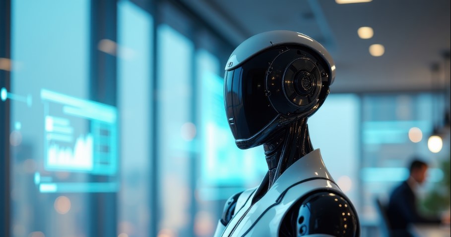 White humanoid robot standing in a modern office looking at floating chart panels, representing agentic AI managing the post-purchase journey.
