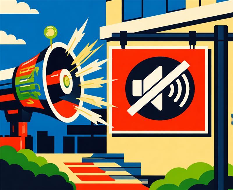 Pop-art illustration of a loudspeaker blasting toward a muted-sound sign, symbolizing an organization pushing AI messaging while employees signal resistance.