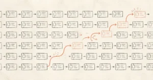 Hand-drawn workflow cards arranged in a repeated grid, with one orange path breaking away to show how agentic AI differs from traditional automation.