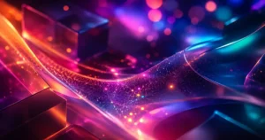 Abstract glass-like forms and glowing light trails in magenta, orange, blue, and teal, representing connected enterprise agentic AI workflows.