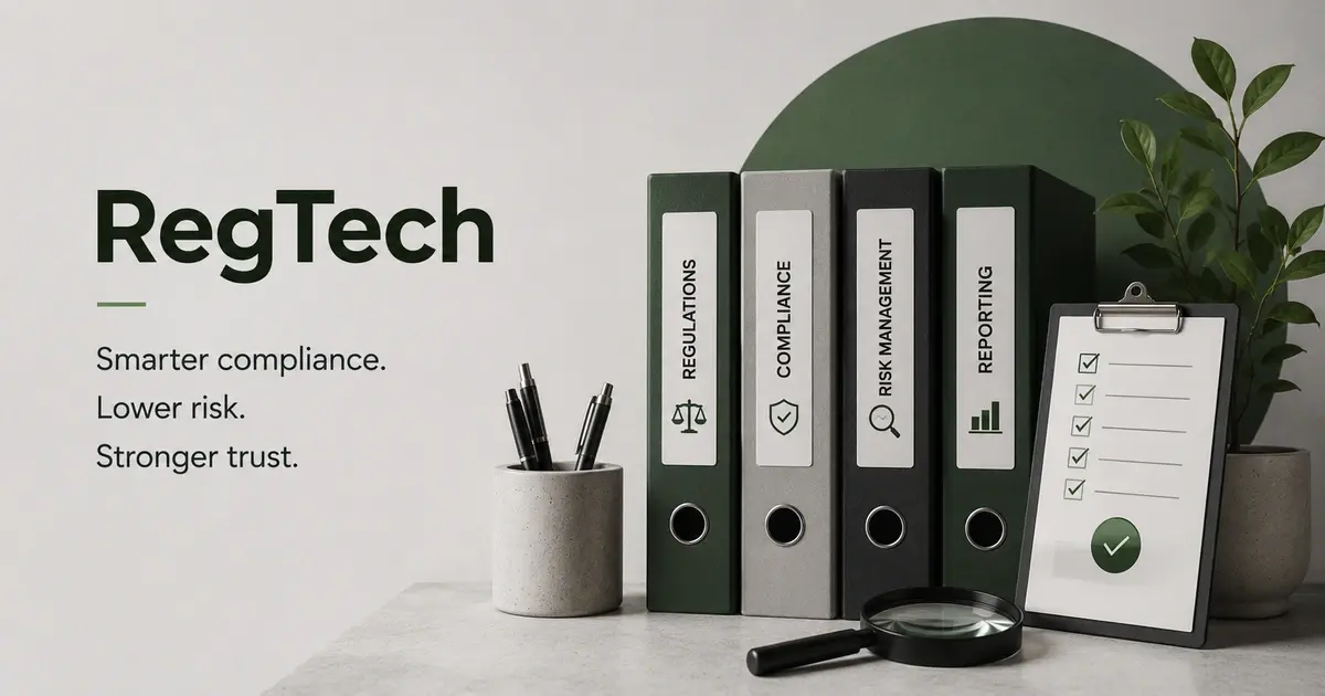 RegTech compliance management concept with binders for regulations, compliance, risk management, and reporting beside a completed audit checklist.