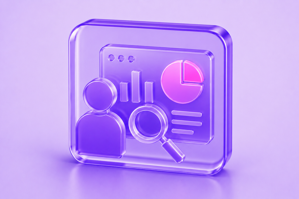 Glassmorphism business analyst icon featuring analytics dashboard, magnifying glass, and user profile in translucent purple with pink data accents.
