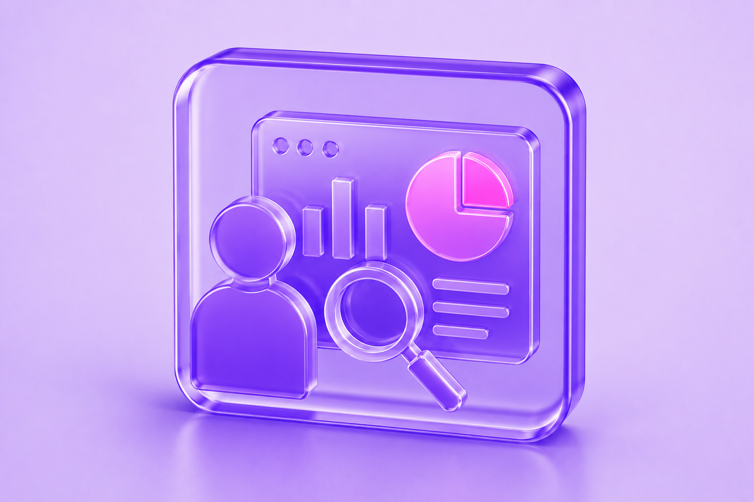 Glassmorphism business analyst icon featuring analytics dashboard, magnifying glass, and user profile in translucent purple with pink data accents.