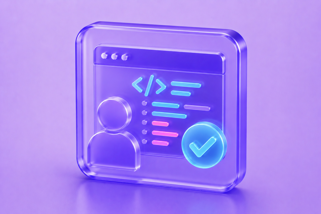 Glassmorphism code reviewer icon featuring a developer profile, source code editor, and verification badge in translucent purple with cyan and magenta accents.