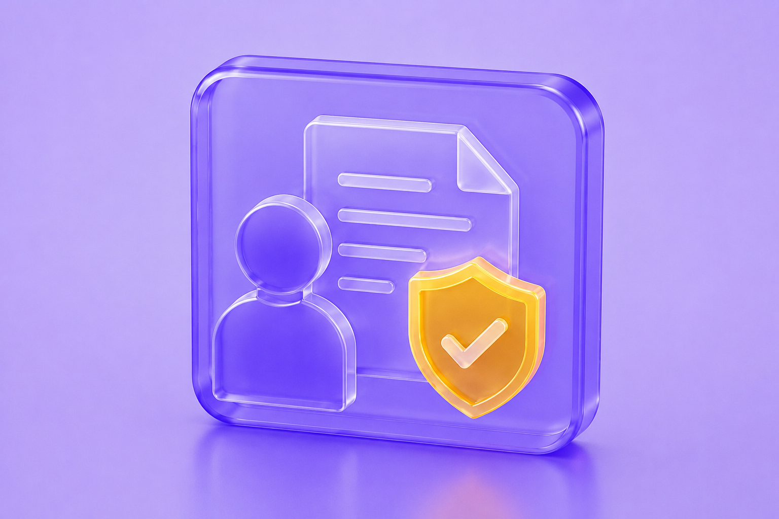 Glassmorphism AI Compliance Auditor icon featuring a user profile, compliance document, and gold verification shield on a translucent purple interface.