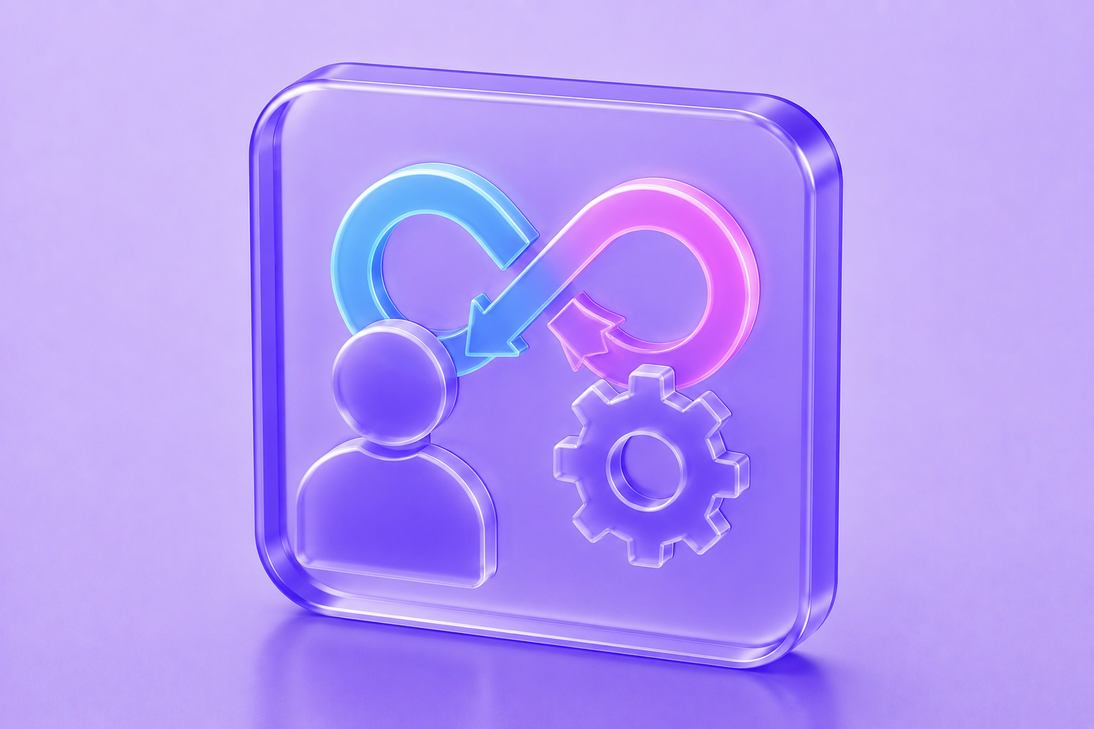 Glassmorphism DevOps and SRE icon featuring an infinity loop, gear, and engineer profile in translucent purple with cyan and magenta accents.