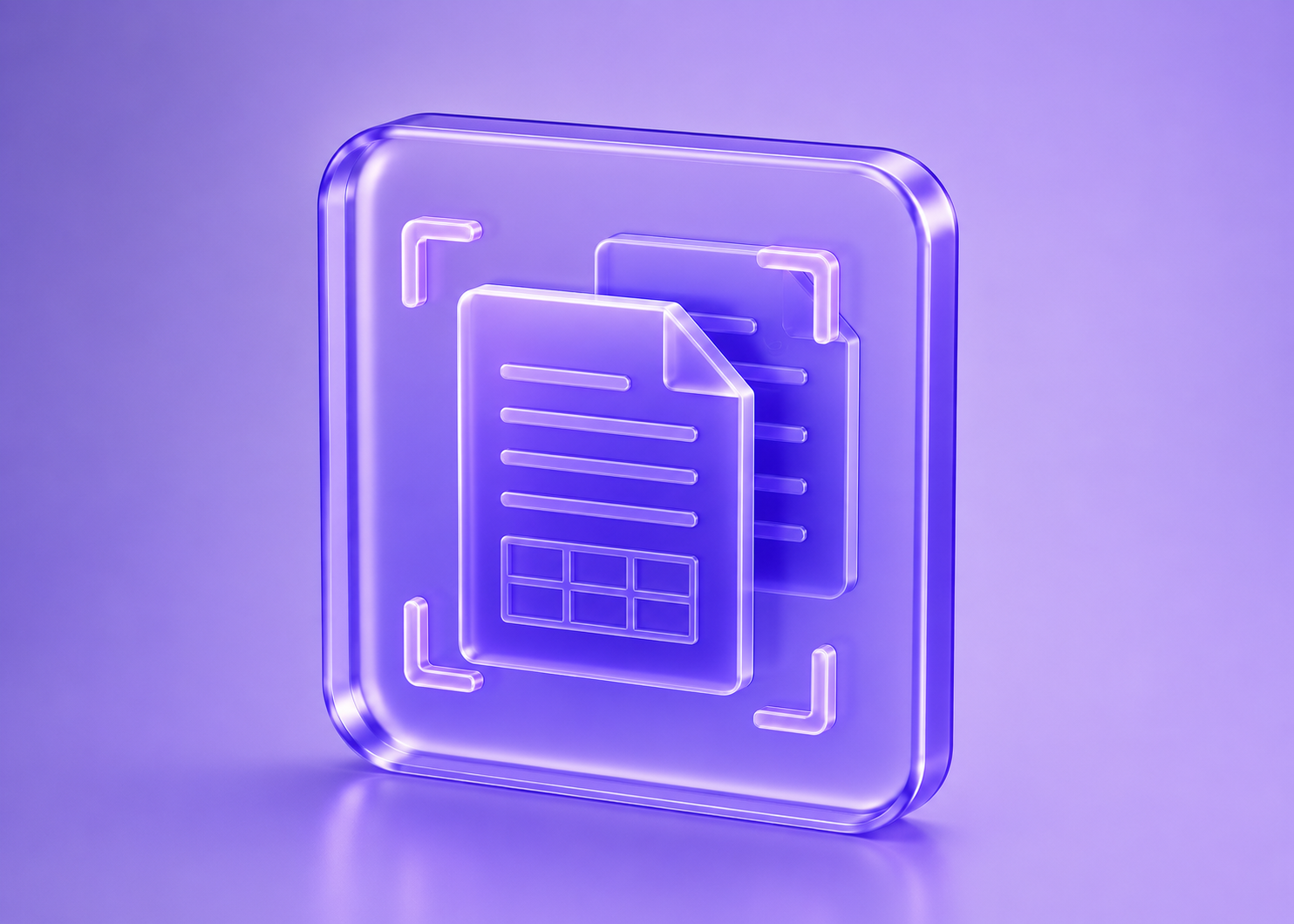 3D glass icon illustrating AI-powered document extraction with scanned digital documents in a purple enterprise technology style.