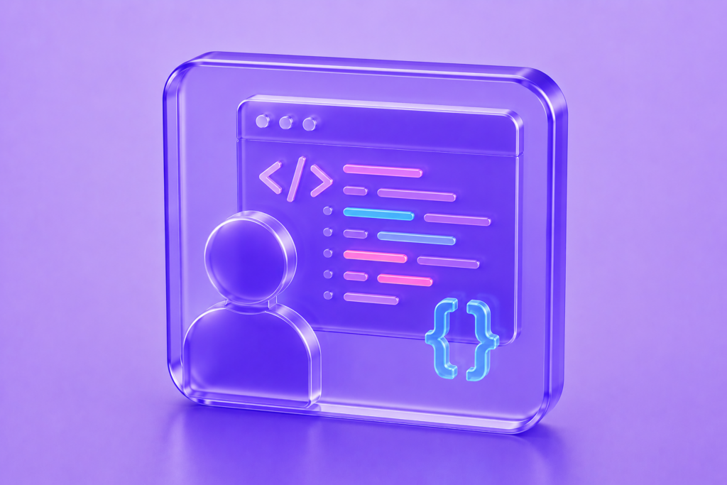 Glassmorphism full-stack developer icon featuring a code editor, developer profile, and programming symbols in translucent purple with cyan and magenta code accents.