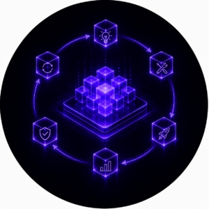 Glowing purple cube platform surrounded by a continuous lifecycle of interconnected AI capability icons representing enterprise AI operations and deployment.
