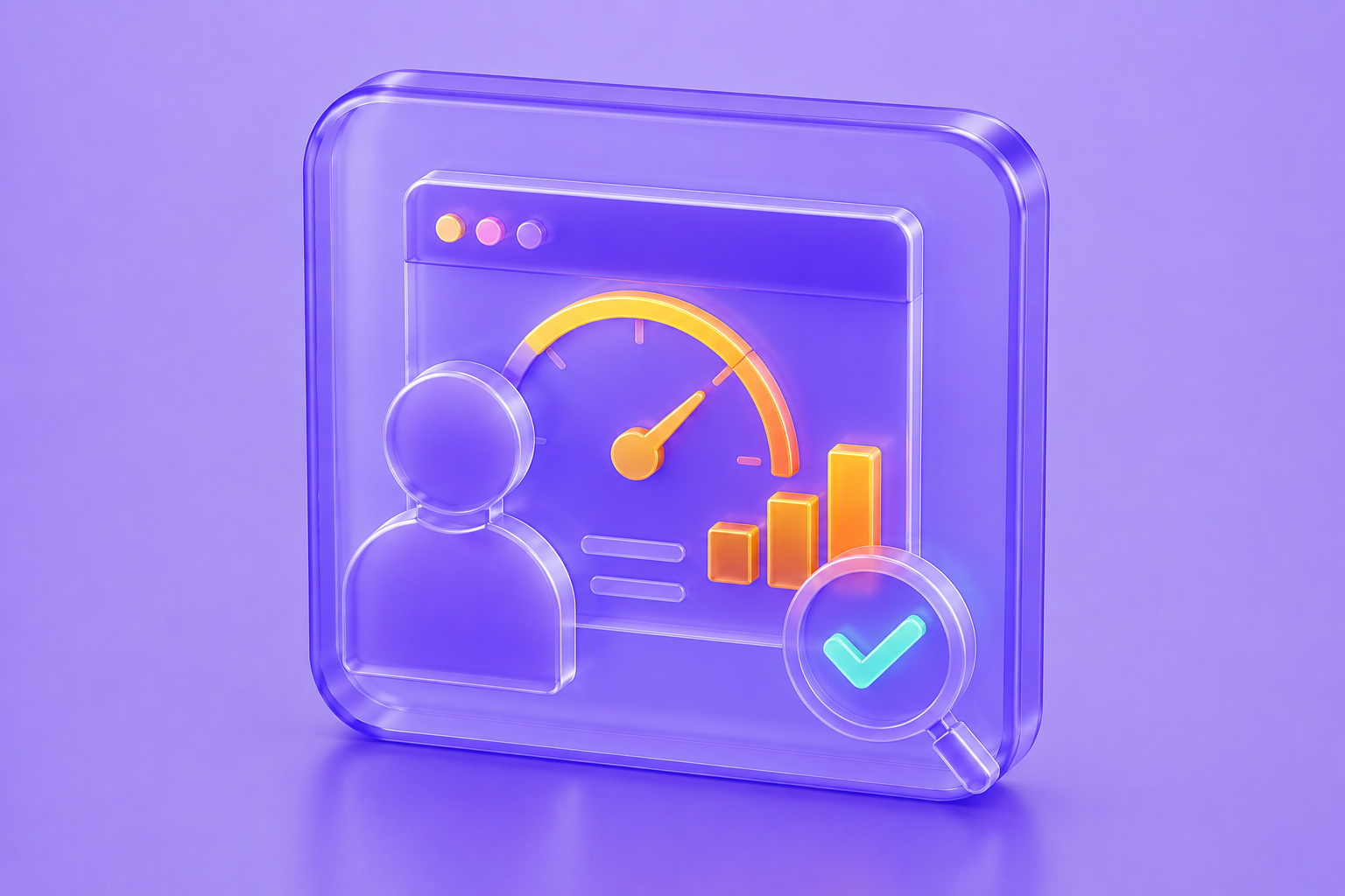 Glassmorphism AI QA and Performance icon featuring a user profile, performance dashboard, speedometer, analytics bars, and validation badge in translucent purple with orange and cyan accents.